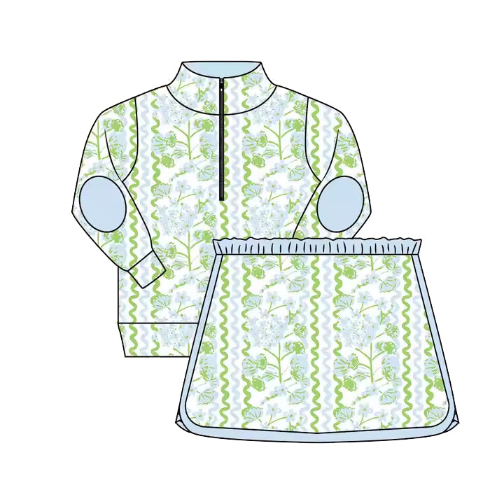 Preorder Baby Girl Long Sleeves Flower Zipper Pullover Shirt Skirt Skort Green Set ( Moq 5 )