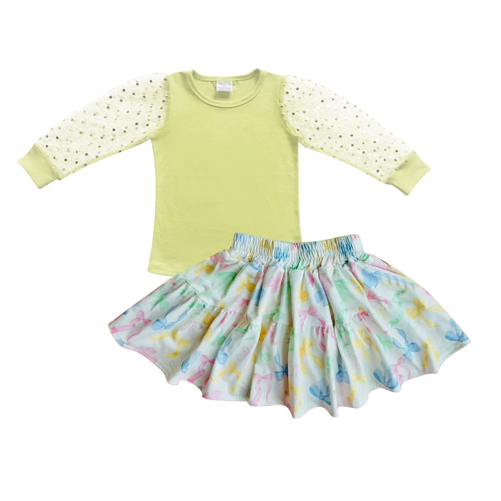 Preorder Baby Girl Toddler Tulle Long Sleeves Yellow Shirt Colorful Bows Ruffle Skirts Set ( Moq 5 )