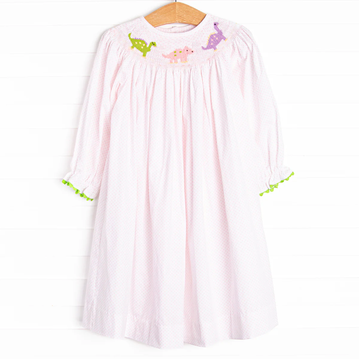 Preorder Baby Girl Long Sleeves Dinosaurs Dots Pink Knee Length Dress ( Moq 5 )