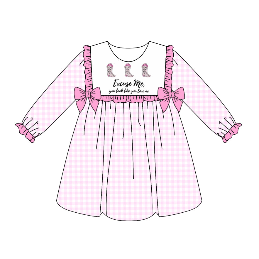 Preorder Baby Girl Long Sleeves Western Boots Bows Pink Plaid Dress ( Moq 5 )