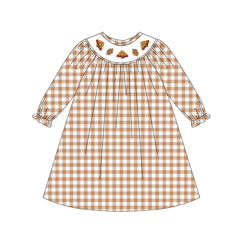 ( Moq 5 ) Preorder Baby Girl Long Sleeves Khaki Plaid Smocked turkey Leaves Thanksgiving Dress