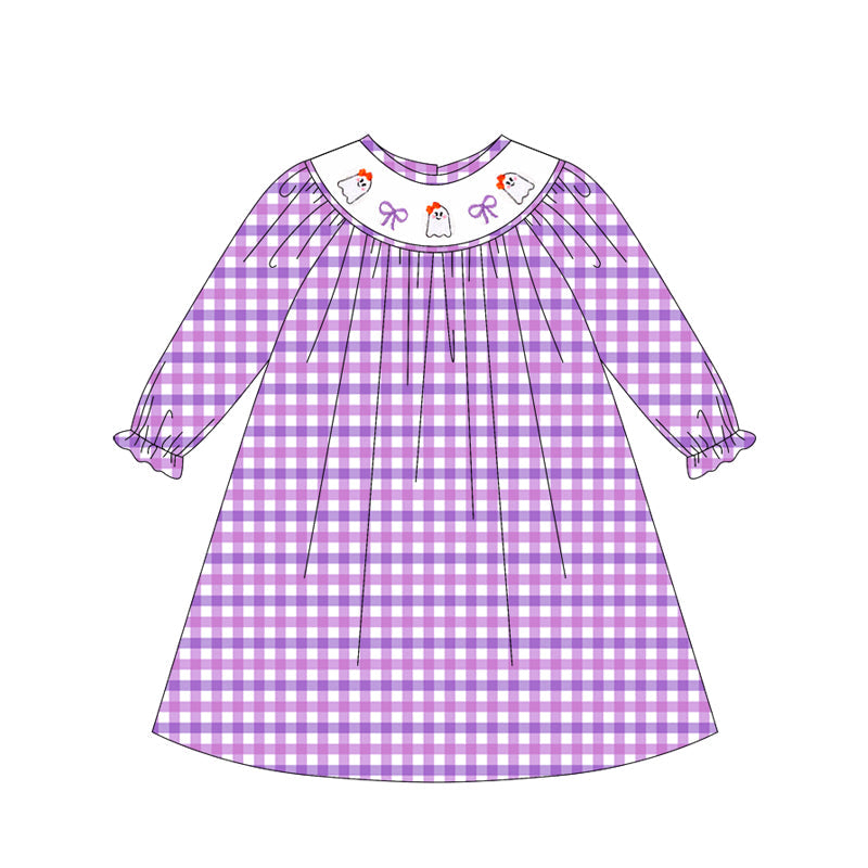 ( Moq 5 ) Preorder Baby Girl Long Sleeves Purple Plaid Smocked Bows Ghosts Halloween Dress