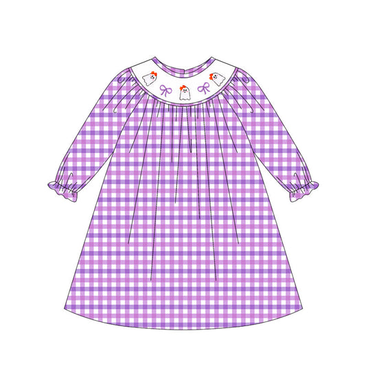 ( Moq 5 ) Preorder Baby Girl Long Sleeves Purple Plaid Smocked Bows Ghosts Halloween Dress