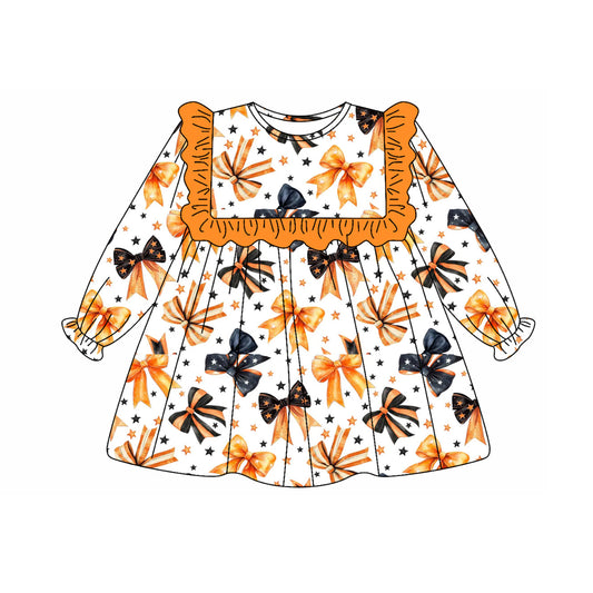 ( Moq 5 ) Preorder Baby Girl Long Sleeves Colorful Bows Stars Knee Length Halloween Dress