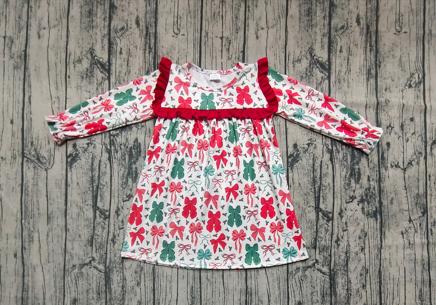 Baby Girl Long Sleeves Red Green Bows Knee Length Christmas Dress RTS