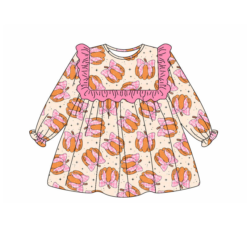 ( Moq 5 ) Preorder Baby Girl Long Sleeves Bows Pumpkins Ruffle Dress