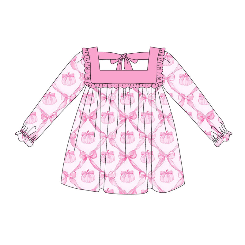 ( Moq 5 ) Preorder Baby Girl Long Sleeves Pink Bows Pumpkins Knee Length Dress