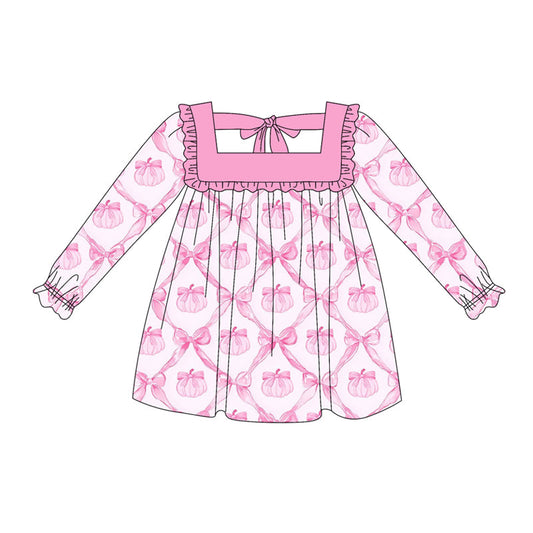 ( Moq 5 ) Preorder Baby Girl Long Sleeves Pink Bows Pumpkins Knee Length Dress