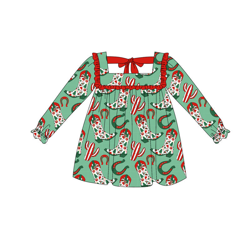 ( Moq 5 ) Preorder Baby Girl Long Sleeves Christmas Boots Cactus Green Dress