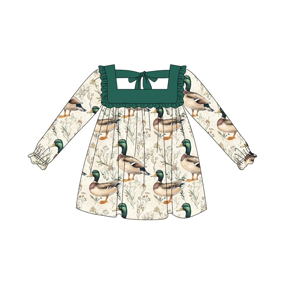 ( Moq 5 ) Preorder Baby Girl Long Sleeves Ducks Flower Green Ruffle Dress