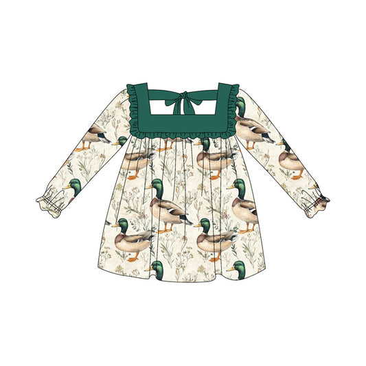( Moq 5 ) Preorder Baby Girl Long Sleeves Ducks Flower Green Ruffle Dress