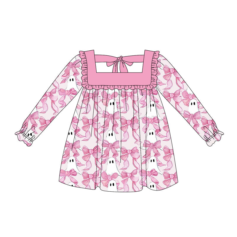 ( Moq 5 ) Preorder Baby Girl Long Sleeves Pink Bows Ghosts Halloween Dress