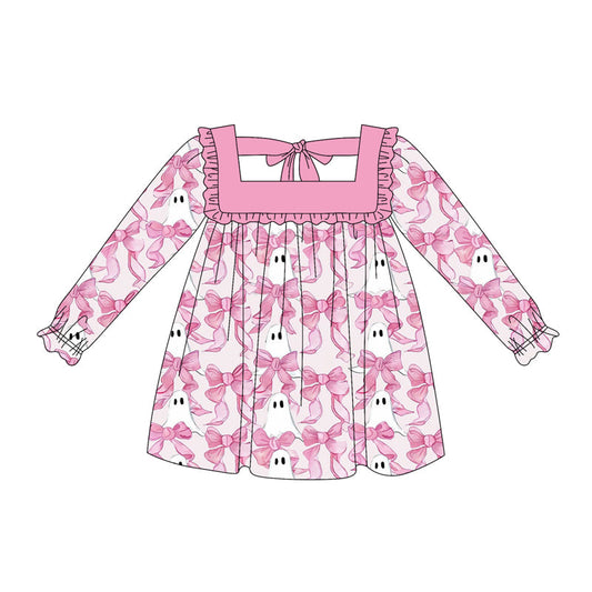( Moq 5 ) Preorder Baby Girl Long Sleeves Pink Bows Ghosts Halloween Dress
