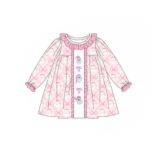 ( Moq 5 ) Preorder Baby Girl Long Sleeves Pink Bows Santa Christmas Knee Length Dress