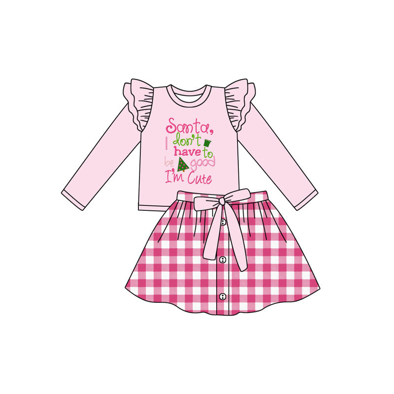 ( Moq 5 ) Preorder Baby Girl Pink Long Sleeves Santa Shirt Plaid Skort Skirt Christmas Set