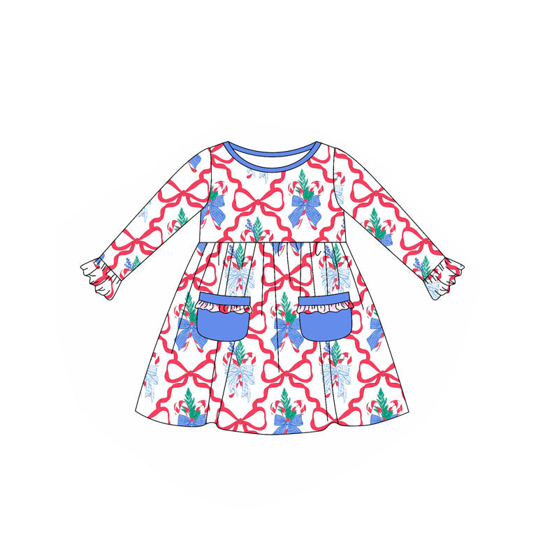 ( Moq 5 ) Preorder Baby Girl Long Sleeves Bows Pockets Ruffle Knee Length Christmas Dress
