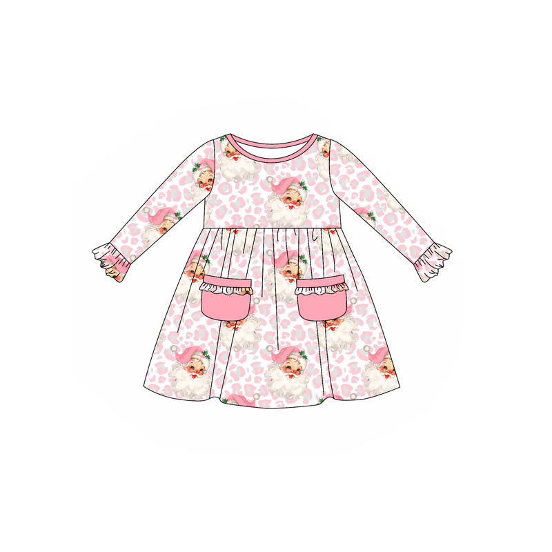( Moq 5 ) Preorder Baby Girl Long Sleeves Pink Leopard Santa Pockets Christmas Pink Dress