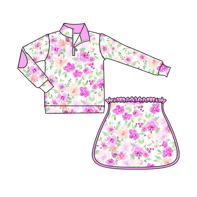 ( Moq 5 ) Preorder Baby Girl Long Sleeves Pink Flower Zipper Tops Skirts Set