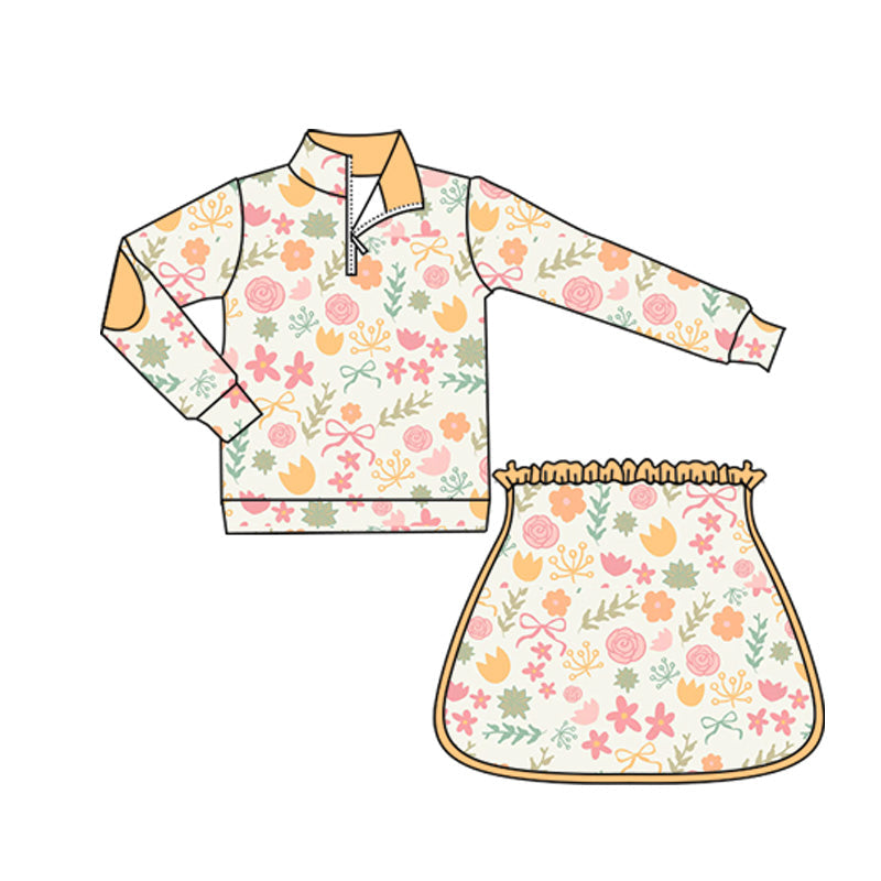 ( Moq 5 ) Preorder Baby Girl Long Sleeves Flower Bows Zipper Tops Skirts Set