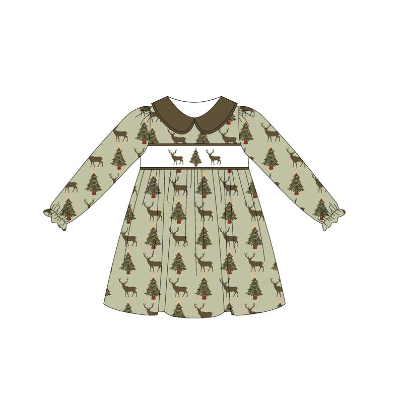 ( Moq 5 ) Preorder Baby Girl Long Sleeves Deer Trees Knee Length Green Dress