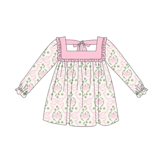 ( Moq 5 ) Preorder Baby Girl Long Sleeves Pink Ruffle Pumpkin Bows Knee Length Dress