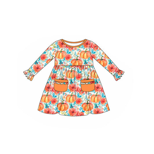 ( Moq 5 ) Preorder Baby Girl Long Sleeves Flower Pumpkins Pockets Fall Knee Length Dress