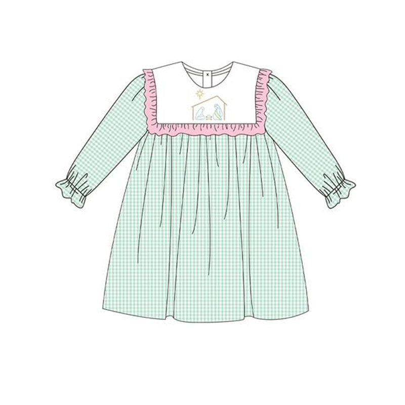 ( Moq 5 ) Preorder Baby Girl Long Sleeves Green Plaid Jesus Ruffle Knee Length Dress