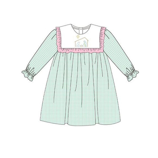 ( Moq 5 ) Preorder Baby Girl Long Sleeves Green Plaid Jesus Ruffle Knee Length Dress