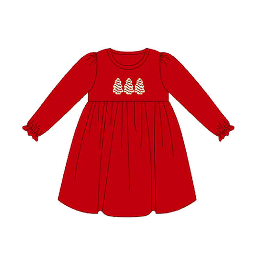 ( Moq 5 ) Preorder Baby Girl Red Long Sleeves Cake Trees Christmas Knee Length Dress
