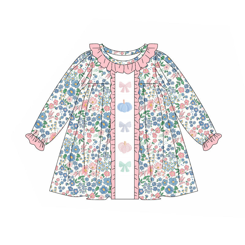 ( Moq 5 ) Preorder Baby Girl Long Sleeves Floral Bows Pumpkins Ruffle Dress