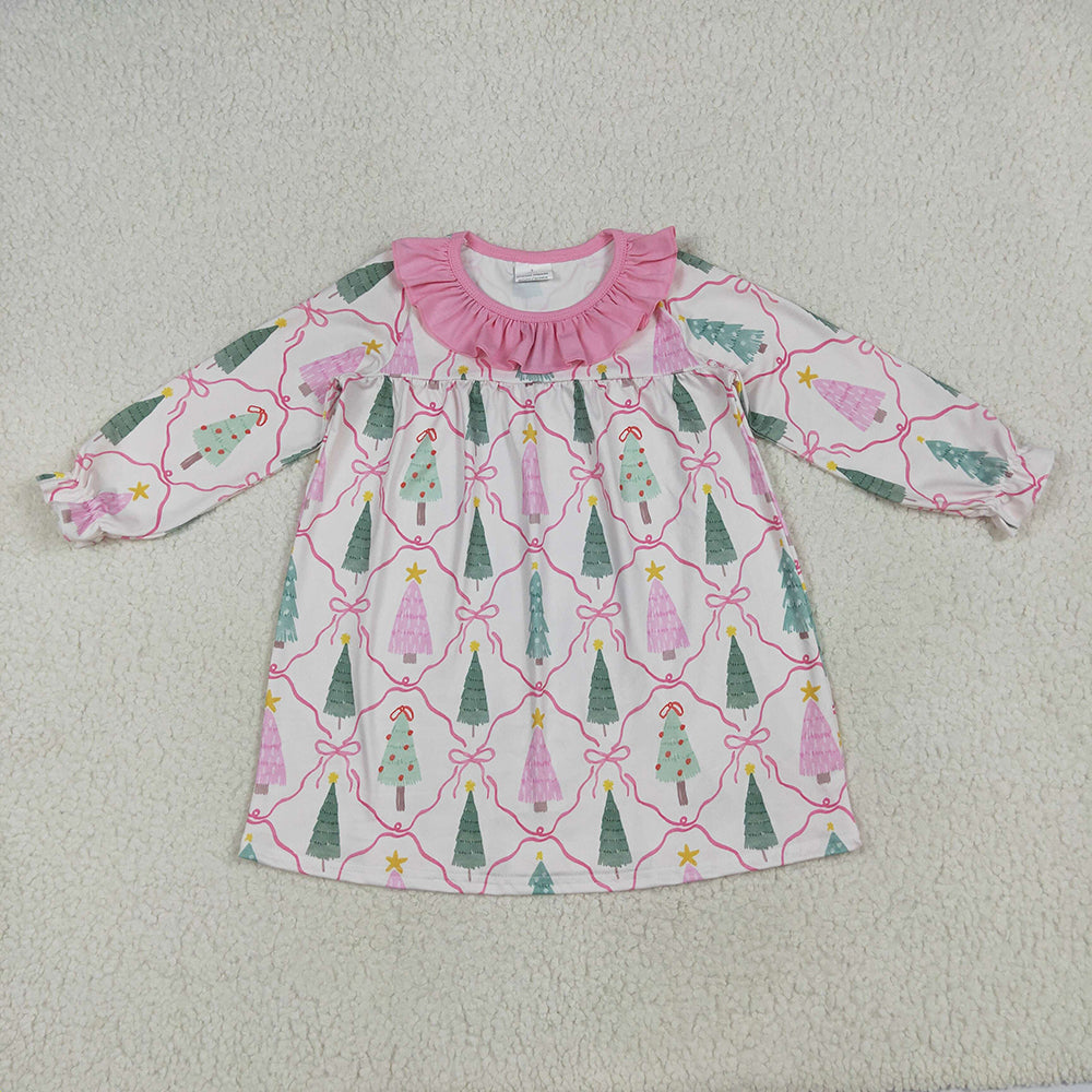 Baby Girl Long Sleeves Trees Bows Christmas Sibling Pink Romper Dress Set Clothes RTS