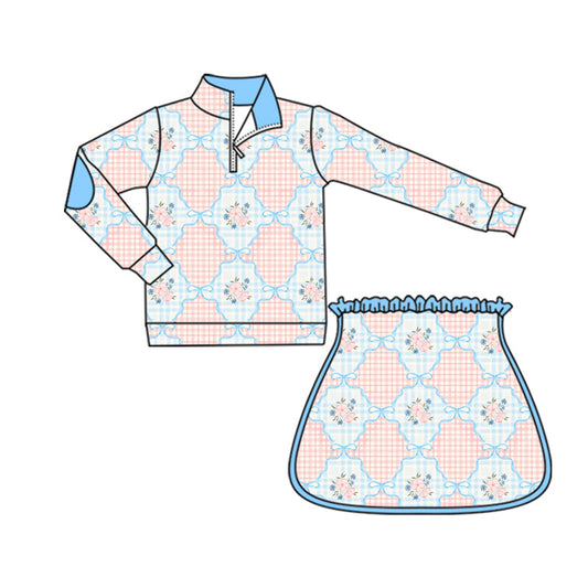 ( Moq 5 ) Preorder Baby Girl Flower Plaid Zipper Shirt Skort Yoga Active Clothes Set