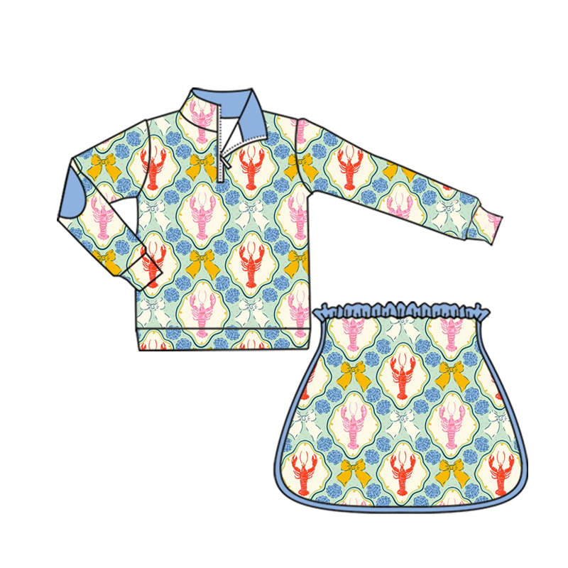 ( Moq 5 ) Preorder Baby Girl Long Sleeves Crayfish Bows Shell Zipper Shirt Skort Yoga Active Clothes Set