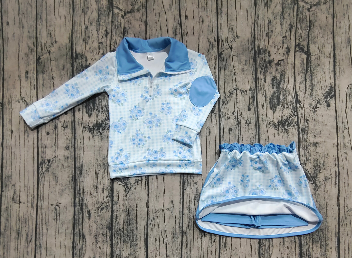 Baby Girl Long Sleeves Blue Flower Plaid Zipper Shirt Skort Yoga Active Clothes Set RTS