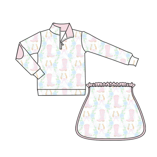 ( Moq 5 ) Preorder Baby Girl Long Sleeves Boots Flower Zipper Shirt Skort Yoga Active Clothes Set
