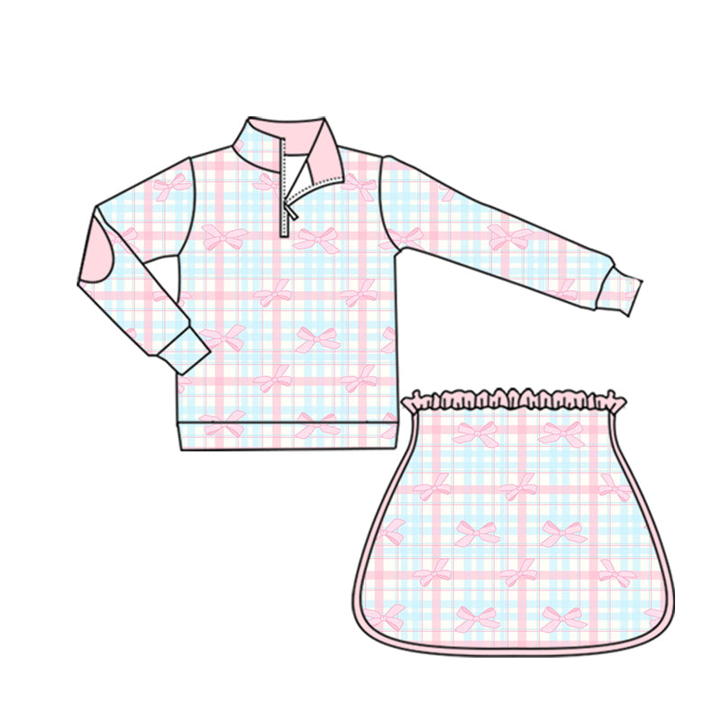( Moq 5 ) Preorder Baby Girl Long Sleeves Bows Plaid Zipper Shirt Skort Yoga Active Set