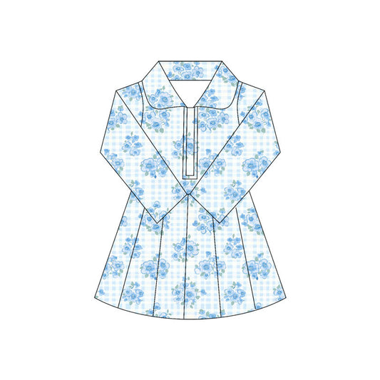 ( Moq 5 ) Preorder Baby Girl Long Sleeves Blue Flower Plaid Knee Length Yoga Active Dress