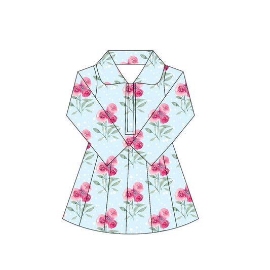 ( Moq 5 ) Preorder Baby Girl Long Sleeves Flower Knee Length Yoga Active Blue Dress