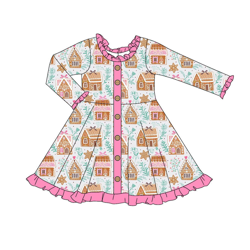 ( Moq 5 ) Preorder Baby Girl Long Sleeves Cake House Christmas Buttons Ruffle Knee Length Dress