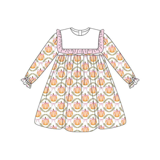( Moq 5 ) Preorder Baby Girl Long Sleeves Pumpkin Bows Knee Length Dress