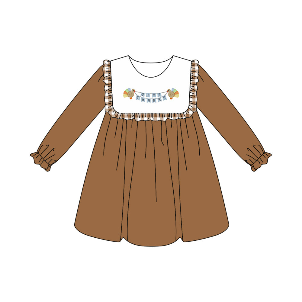 ( Moq 5 ) Preorder Baby Girl Brown Long Sleeves turkey Thanksgiving Ruffle Knee Length Dress