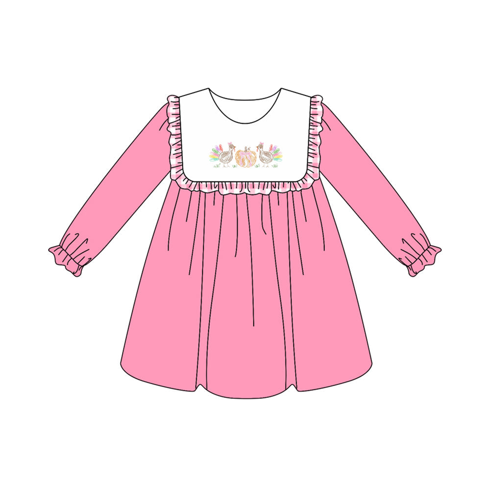 ( Moq 5 ) Preorder Baby Girl Pink Long Sleeves Turkey Pumpkin Ruffle Knee Length Dress
