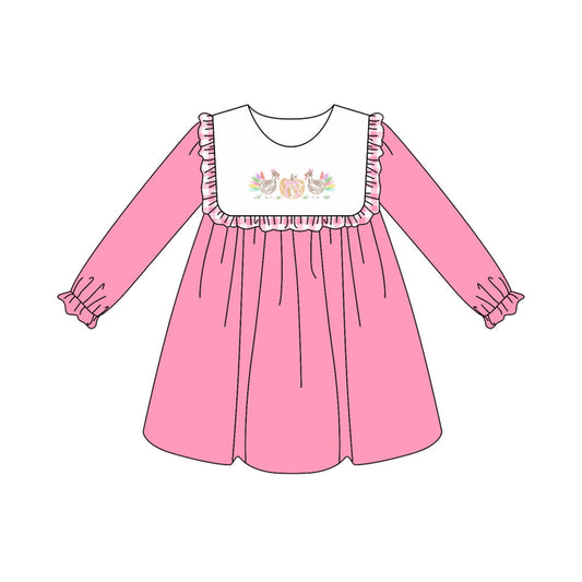 ( Moq 5 ) Preorder Baby Girl Pink Long Sleeves Turkey Pumpkin Ruffle Knee Length Dress