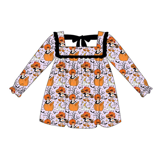 ( Moq 5 ) Preorder Baby Girl Long Sleeves Halloween Pumpkin Ruffle Knee Length Dress