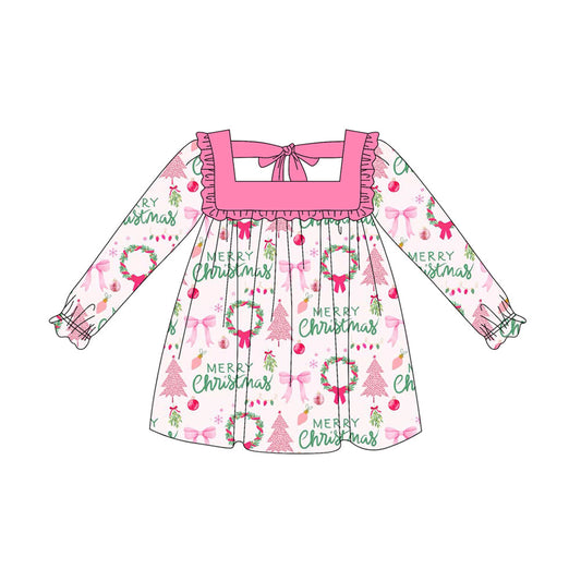( Moq 5 ) Preorder Baby Girl Long Sleeves Merry Christmas Bows Trees Knee Length Dress