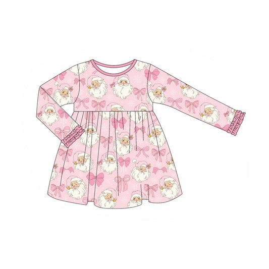 ( Moq 5 ) Preorder Baby Girl Long Sleeves Santa Pink Bows Christmas Knee Length Dress