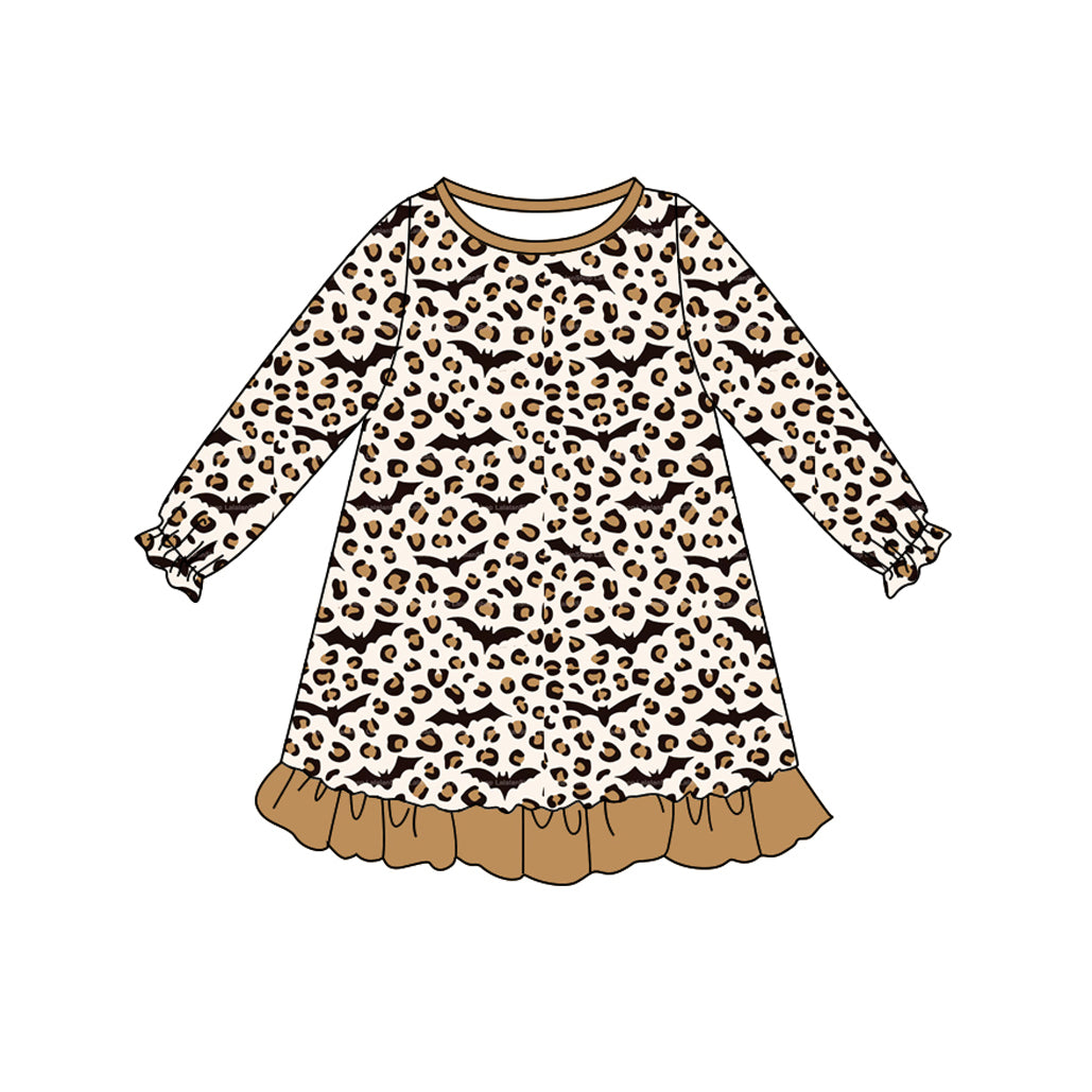 ( Moq 5 ) Preorder Baby Girl Long Sleeves Leopard Bats Halloween Knee Length Dress