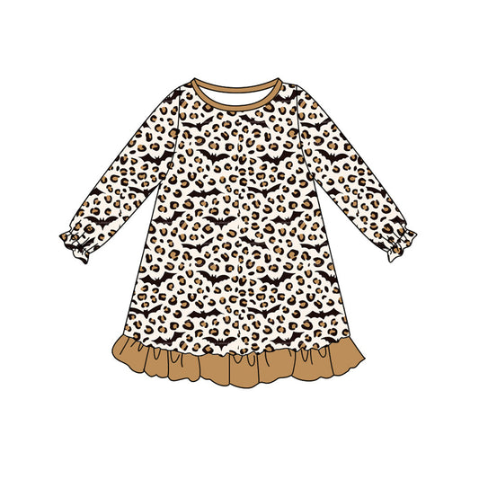 ( Moq 5 ) Preorder Baby Girl Long Sleeves Leopard Bats Halloween Knee Length Dress
