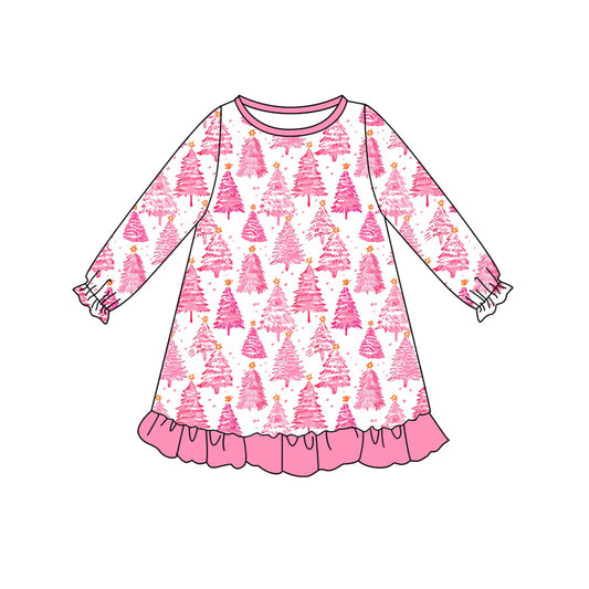 ( Moq 5 ) Preorder Baby Girl Long Sleeves Pink Tree Christmas Knee Length Dress