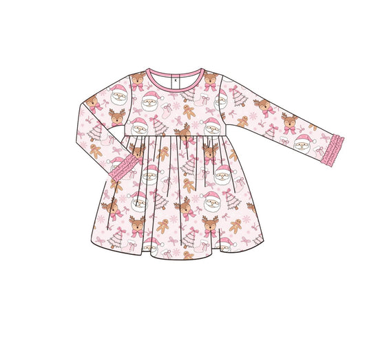 ( Moq 5 ) Preorder Baby Girl Long Sleeves Santa Bows Gingerbread Pink Christmas Dress